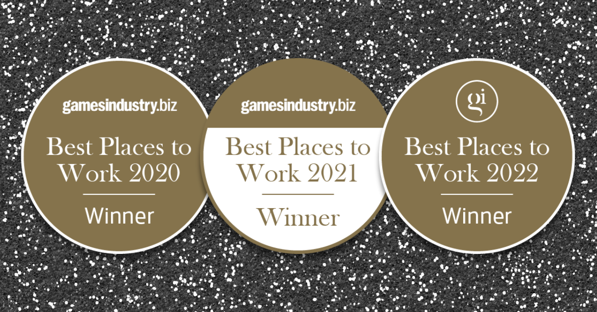 A textured background with three logos which read: "gamesindustry.biz Best Places to Work 2020 Winner", "gamesindustry.biz Best Places to Work 2021 Winner" and "gamesindustry.biz Best Places to Work 2022 Winner"